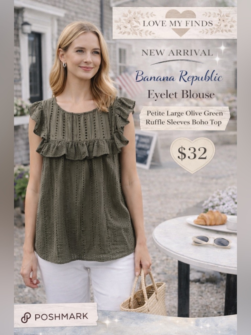 Banana Republic Eyelet Blouse Petite Large Olive Green Ruffle Sleeves Boho Top